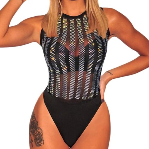 SEBOWEL Women Long Sleeves Mesh See Through Jumpsuit Bodysuit Top Leotard - Picture 1 of 3